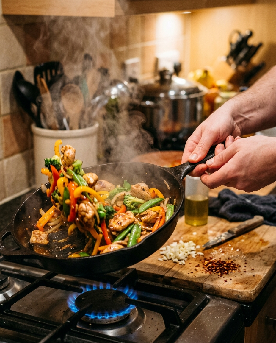 Chicken and peppers tossed in a hot pan