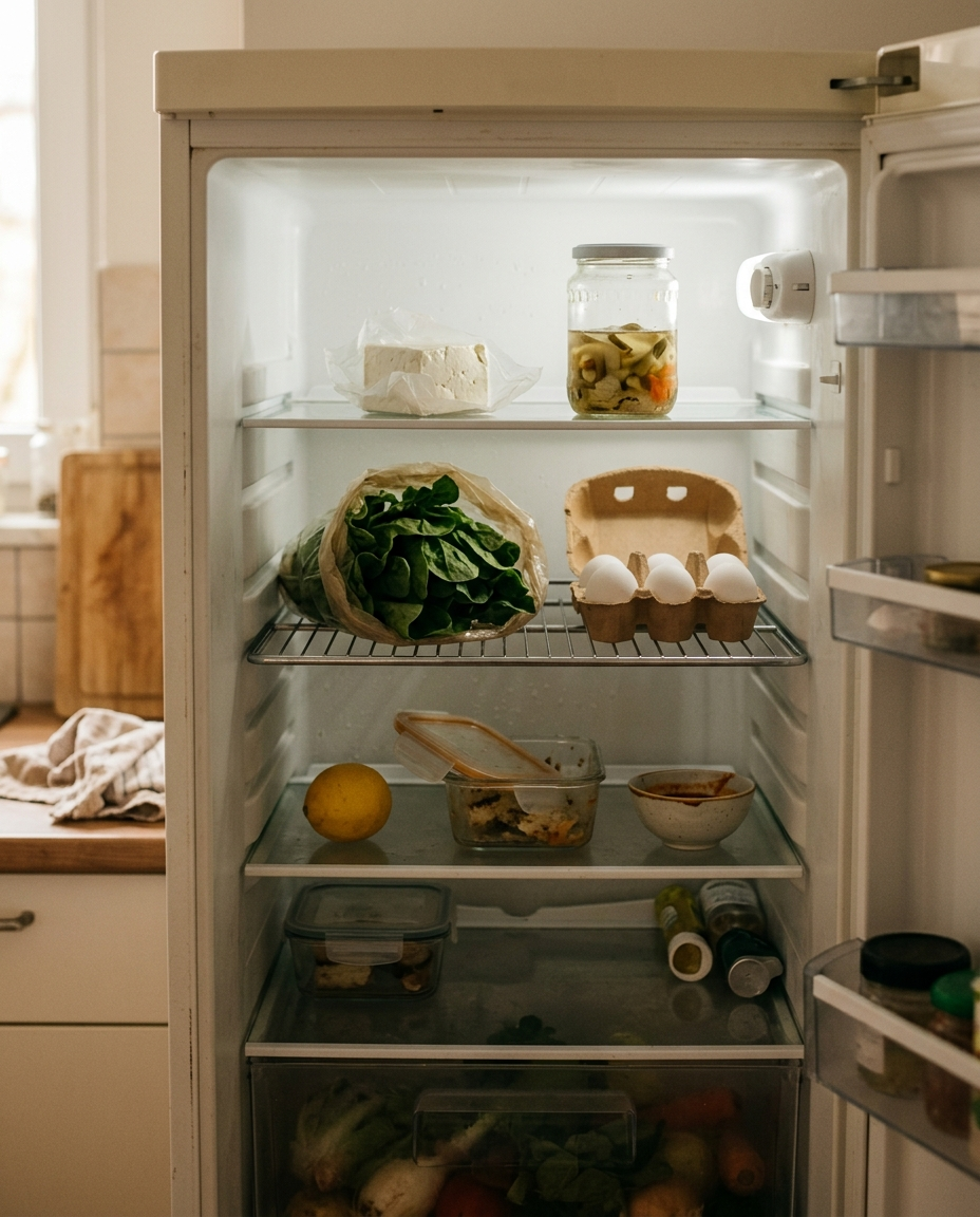 Open fridge with spinach, eggs, a lemon and leftovers
