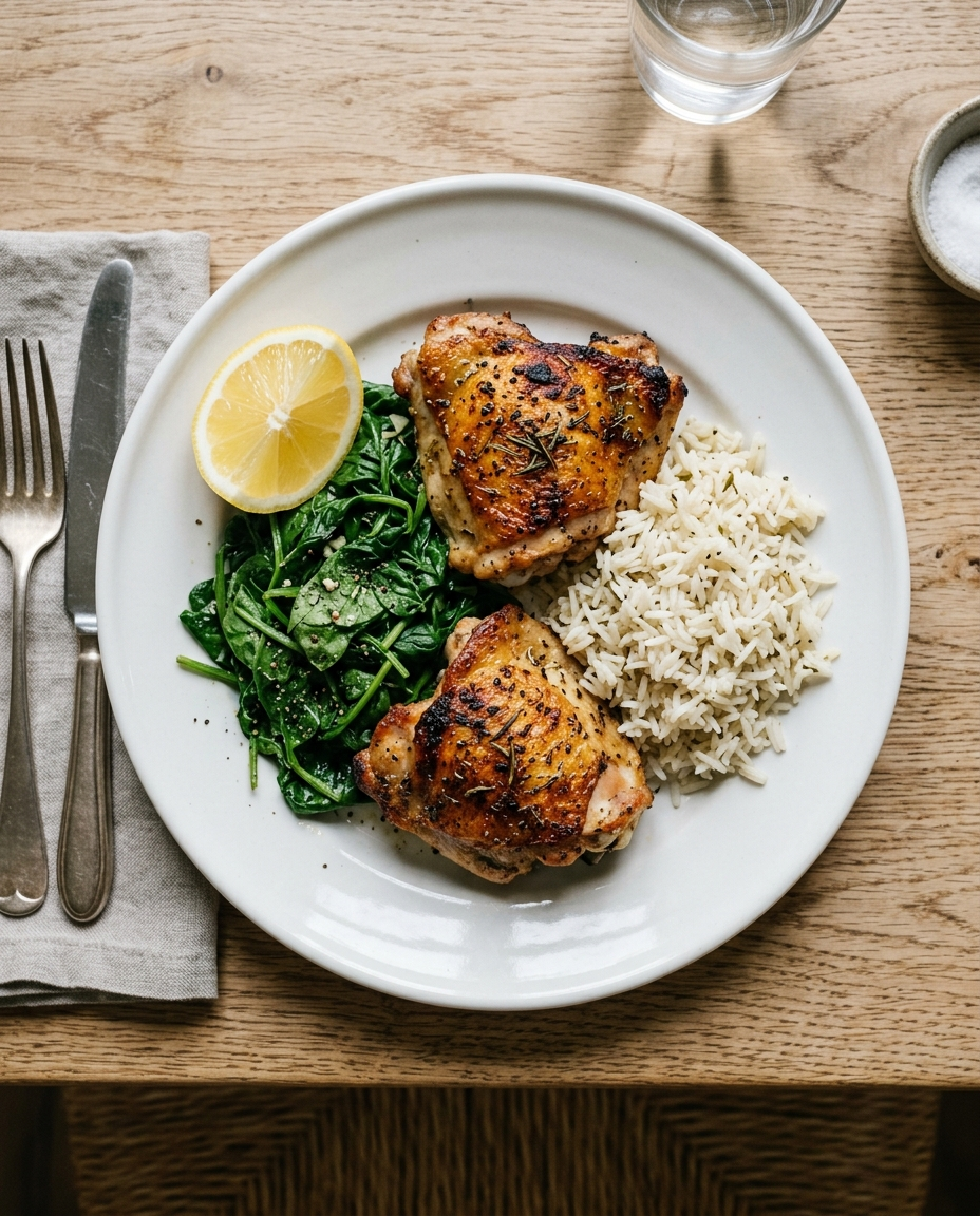 Plate of chicken, spinach, lemon and rice