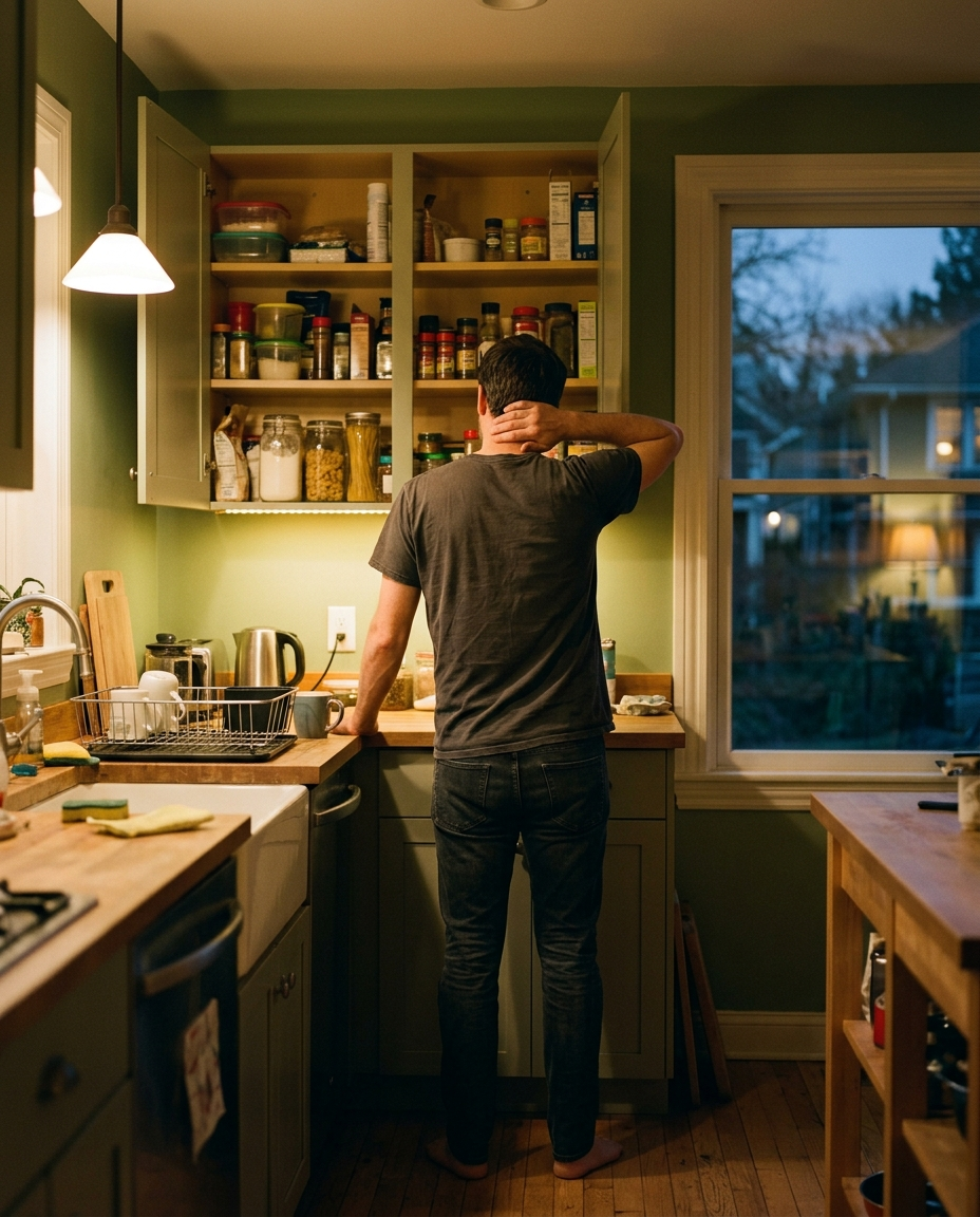 Person standing at an open cupboard deciding what to cook